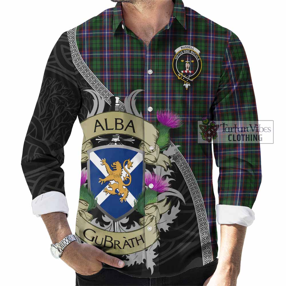 Russell Tartan Family Crest Long Sleeve Button Shirt Lion Rampant Royal Thistle Shield Celtic Inspired - Tartan Vibes Clothing