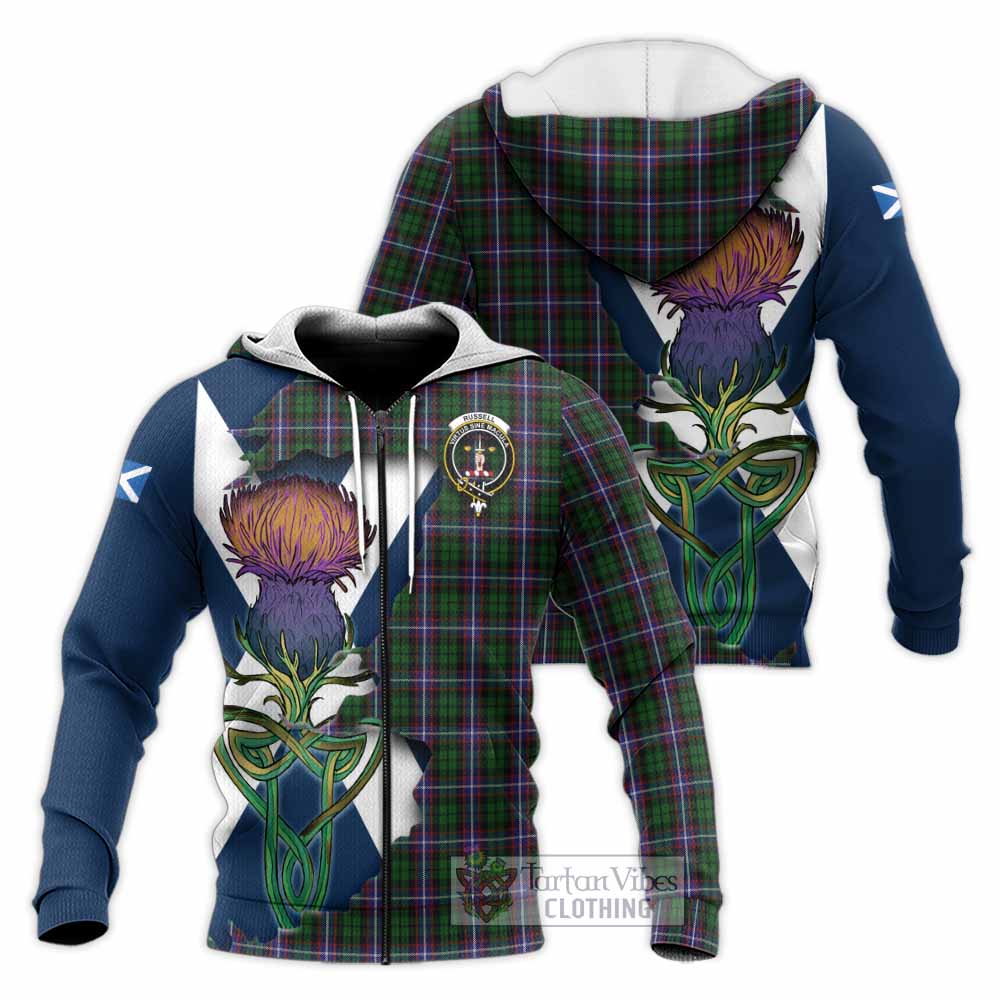 Tartan Vibes Clothing Russell Tartan Family Crest Knitted Hoodie Scottish Thistle Celtic Inspired