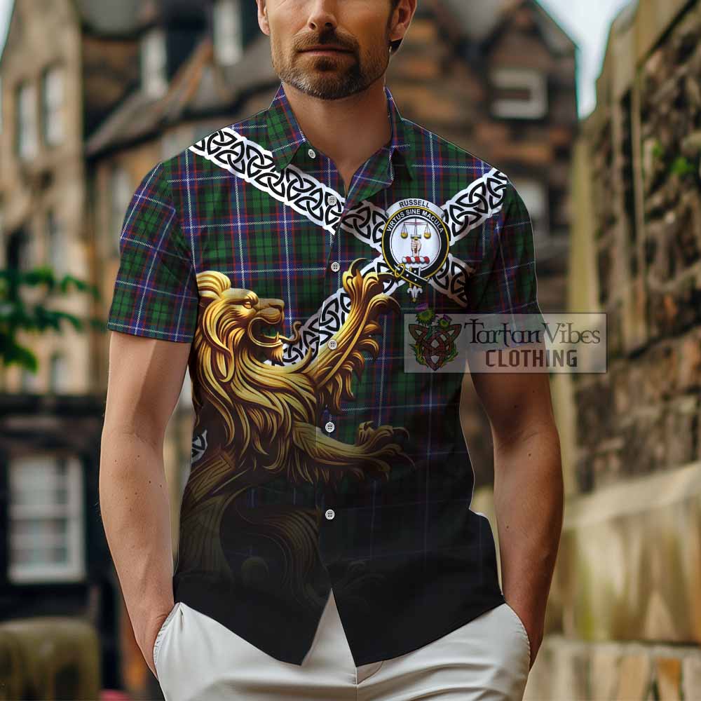 Russell Crest Tartan Hawaiian Shirt with Golden Lion Emblem Celtic Style - Tartan Vibes Clothing