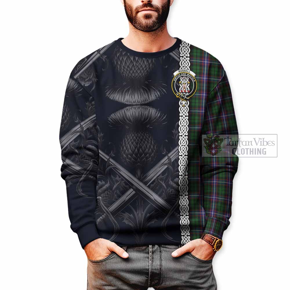 Russell Tartan Sweatshirt with Family Crest Cross Sword Thistle Celtic Vibes - Tartan Vibes Clothing