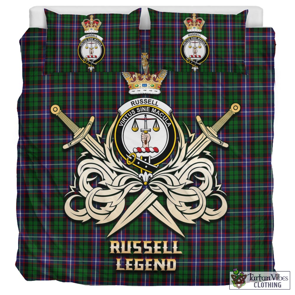 Tartan Vibes Clothing Russell Tartan Bedding Set with Clan Crest and the Golden Sword of Courageous Legacy