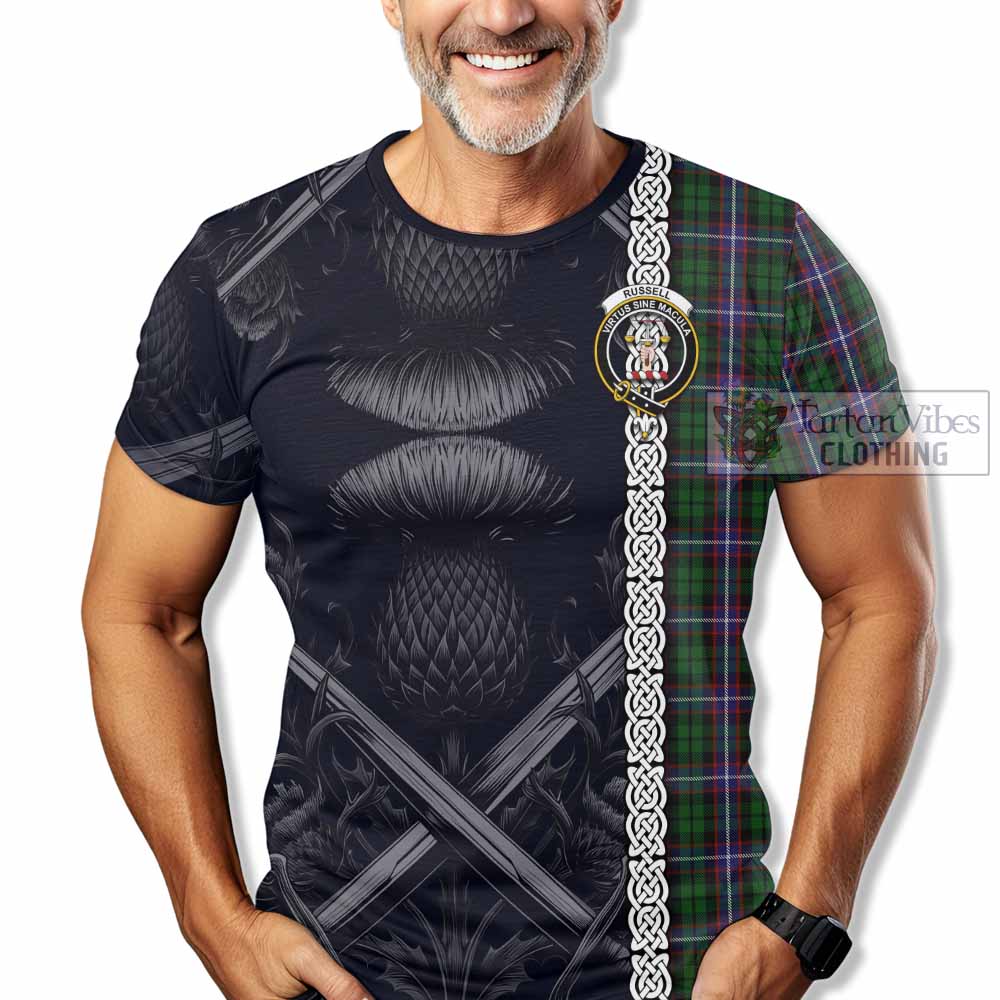 Russell Tartan T-Shirt with Family Crest Cross Sword Thistle Celtic Vibes - Tartan Vibes Clothing