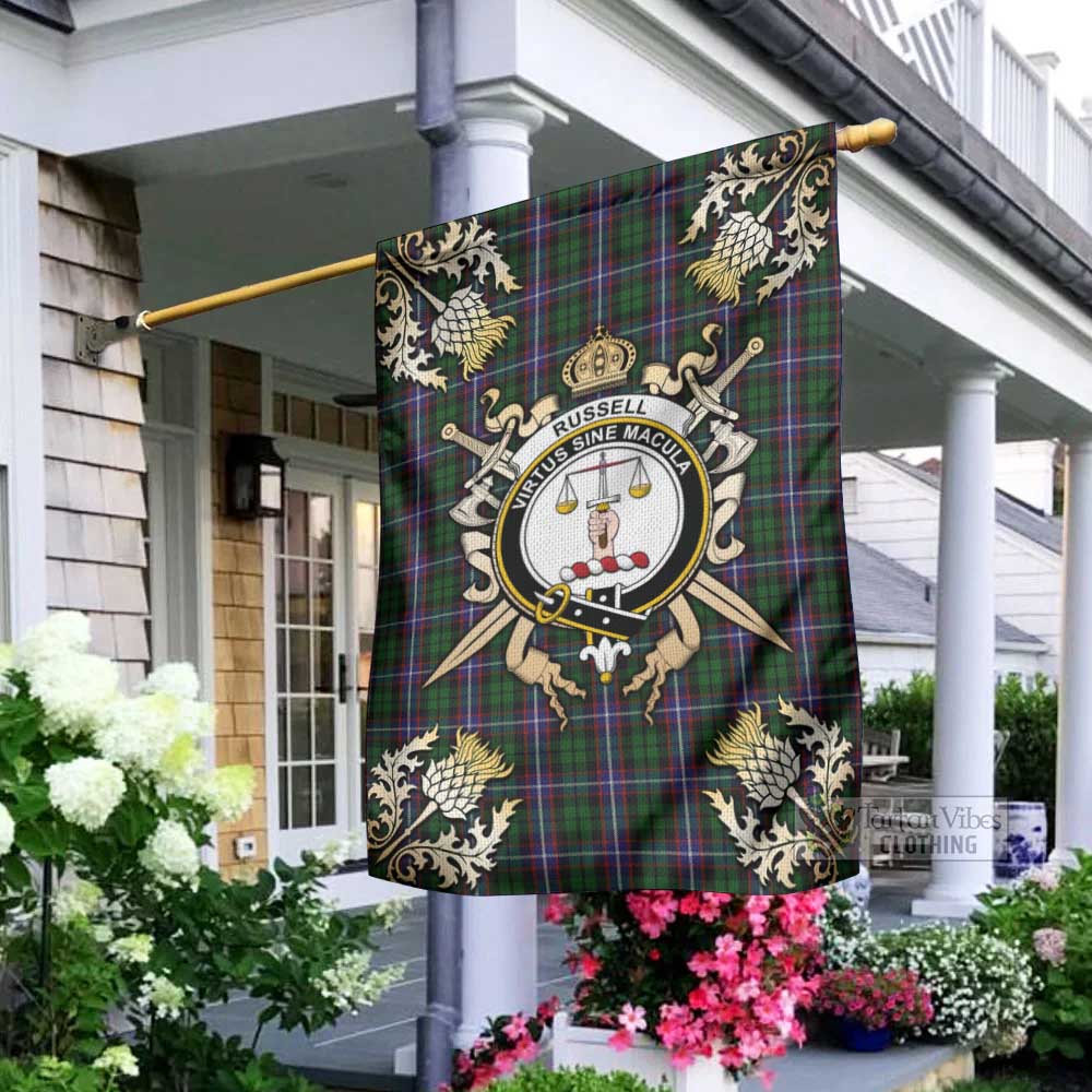 Russell Tartan Garden Flag with Family Crest and Golden Thistle Crossed Sword Design - Tartan Vibes Clothing