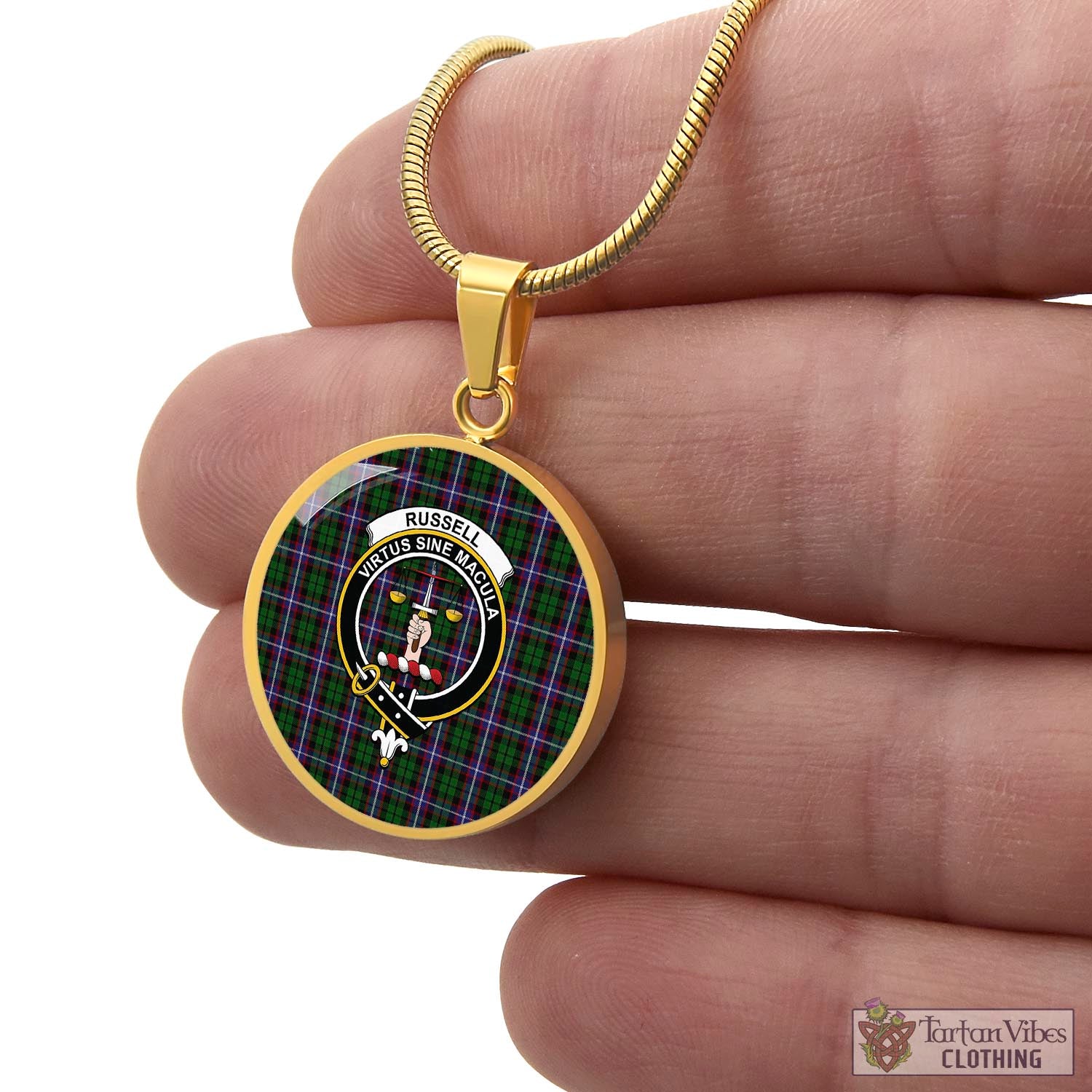Russell Tartan Circle Necklace with Family Crest - Tartan Vibes Clothing