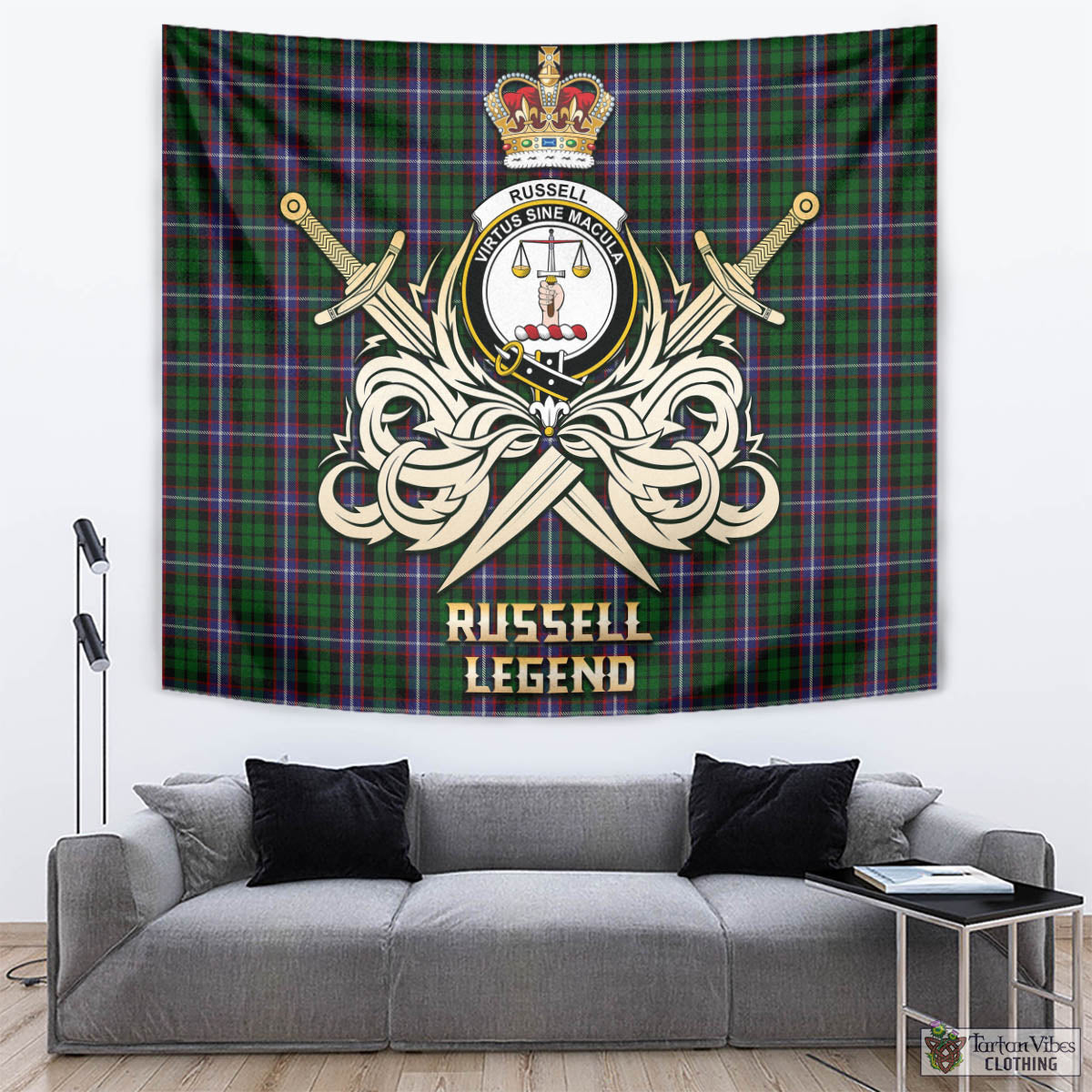 Tartan Vibes Clothing Russell Tartan Tapestry with Clan Crest and the Golden Sword of Courageous Legacy