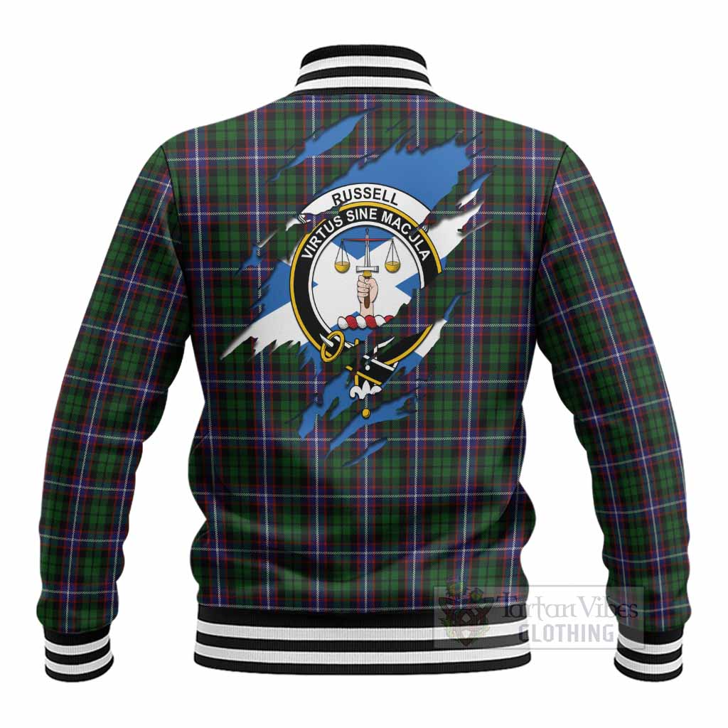 Russell Clan Crest In Me Tartan Baseball Jacket Scotland Flag Style