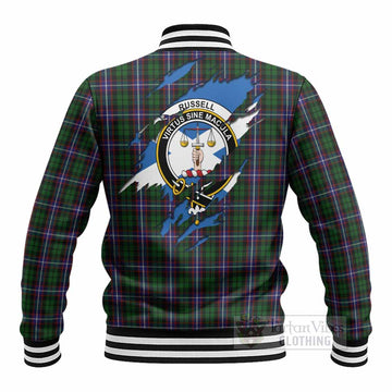 Russell Clan Crest In Me Tartan Baseball Jacket Scotland Flag Style