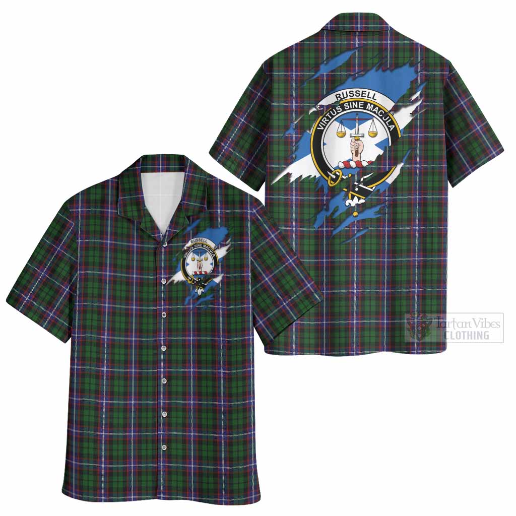 Russell Clan Crest In Me Tartan Hawaiian Shirt Scotland Flag Style