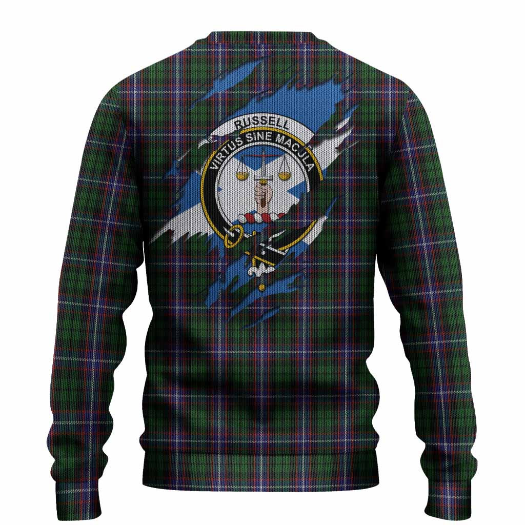 Russell Clan Crest In Me Tartan Knitted Sweater Scotland Flag Style