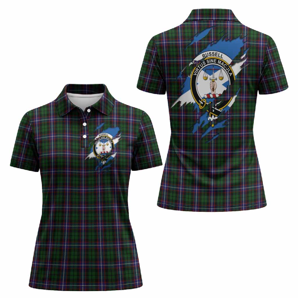Russell Clan Crest In Me Tartan Women Polo Shirt Scotland Flag Style