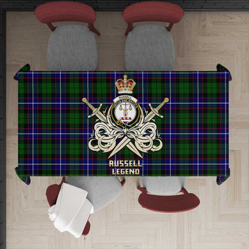 Russell Modern Tartan Tablecloth with Clan Crest and the Golden Sword of Courageous Legacy