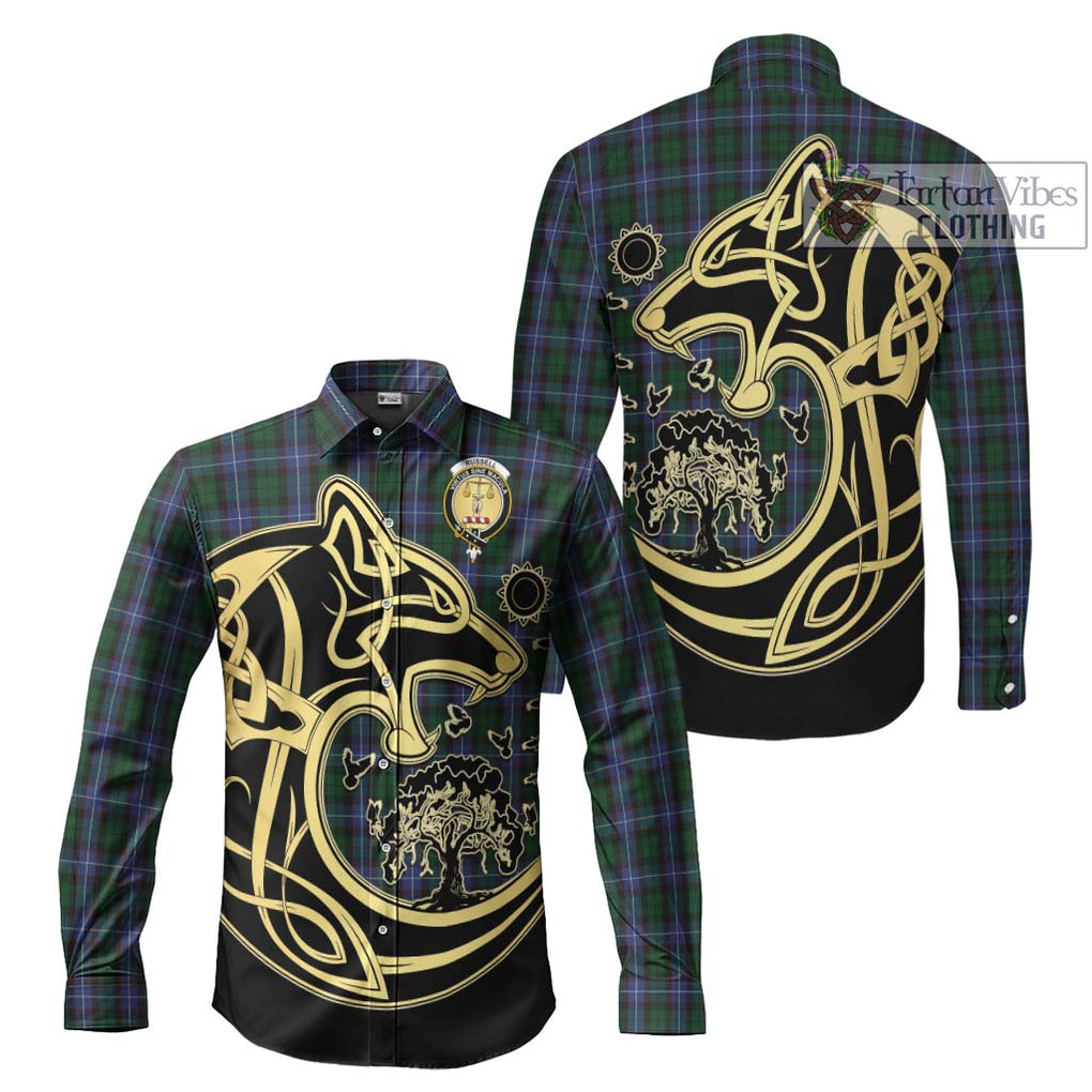 Russell or Mitchell or Hunter or Galbraith Tartan Long Sleeve Button Shirt with Family Crest Celtic Wolf Style Men's Shirt S - Tartan Vibes Clothing