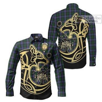 Russell or Mitchell or Hunter or Galbraith Tartan Long Sleeve Button Shirt with Family Crest Celtic Wolf Style Men's Shirt S - Tartan Vibes Clothing