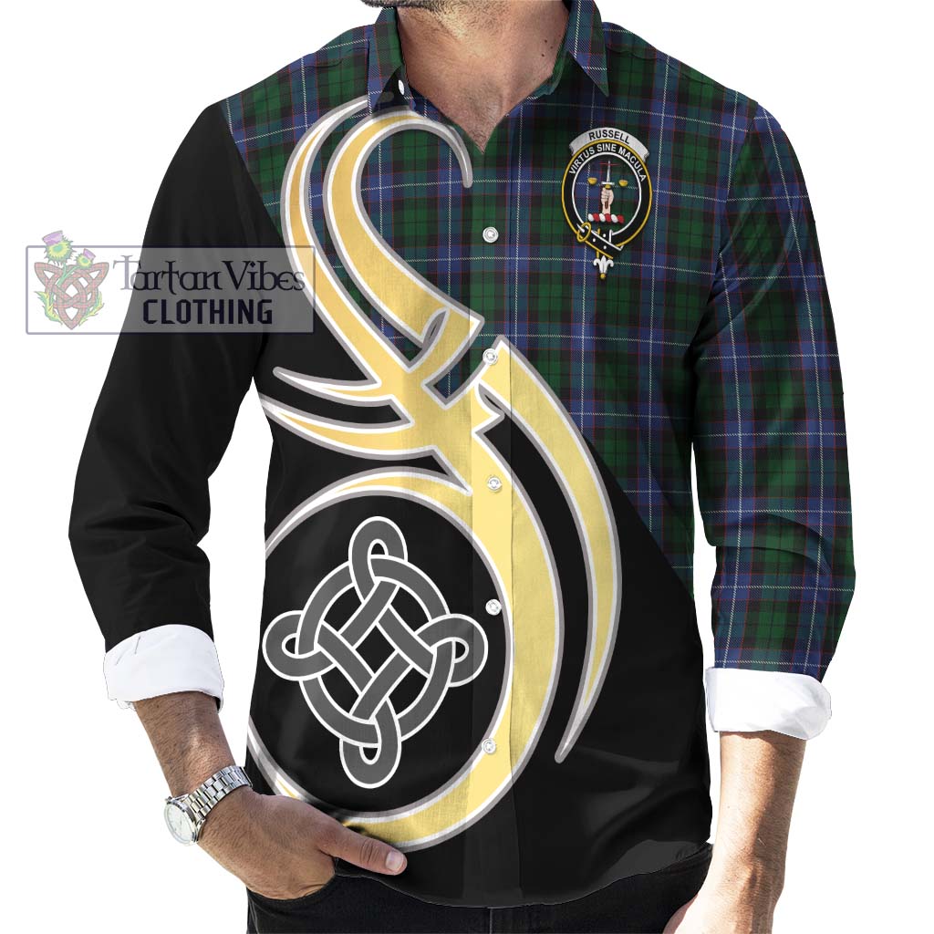 Russell or Mitchell or Hunter or Galbraith Tartan Long Sleeve Button Shirt with Family Crest and Celtic Symbol Style - Tartan Vibes Clothing