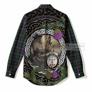 Russell Tartan Crest Bagpipe Nessie Women Casual Shirt Scottish Loch Ness Monster Celtic Thistle