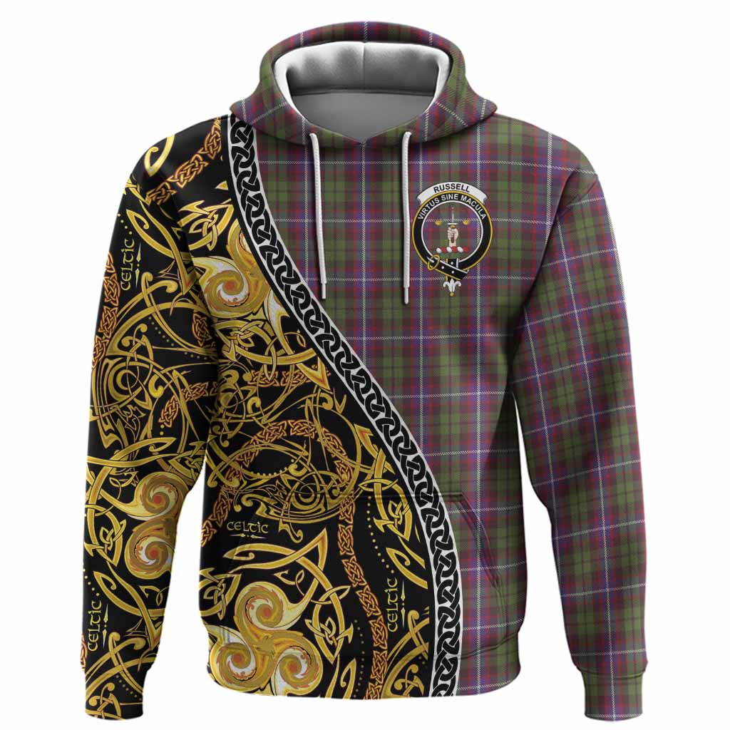 Russell Tartan Crest Hoodie Celtic Knot and Triple Trickle Spiral Symbols
