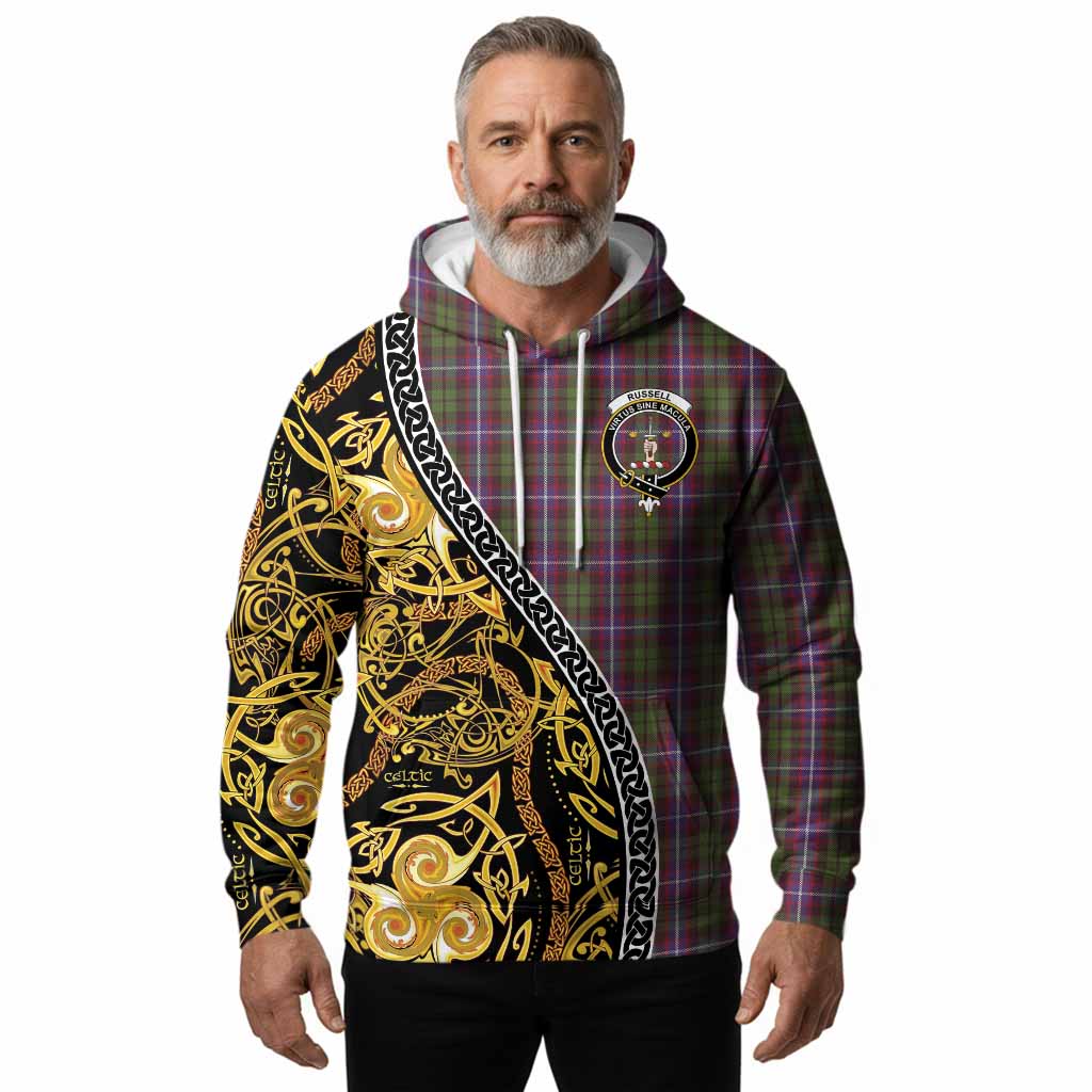 Russell Tartan Crest Hoodie Celtic Knot and Triple Trickle Spiral Symbols