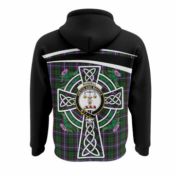 Russell Tartan Crest Hoodie Scottish Thistle Celtic Cross Alba Gu Brath