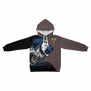 Russell Tartan Crest Kid Hoodie Scottish Golden Lions Wave Flow