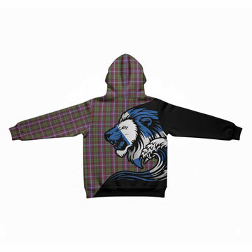 Russell Tartan Crest Kid Hoodie Scottish Golden Lions Wave Flow
