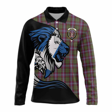 Russell Tartan Crest Long Sleeve Polo Shirt Scottish Golden Lions Wave Flow