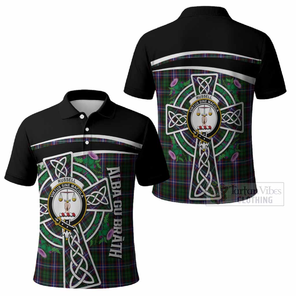 Russell Tartan Crest Polo Shirt Scottish Thistle Celtic Cross Alba Gu Brath