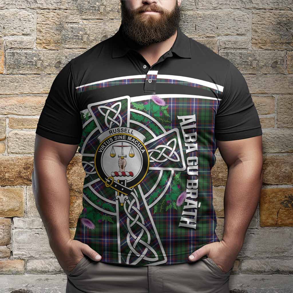 Russell Tartan Crest Polo Shirt Scottish Thistle Celtic Cross Alba Gu Brath