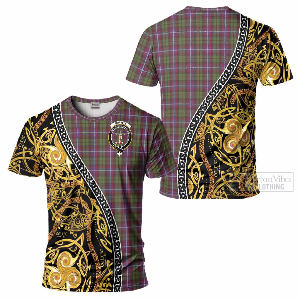 Russell Tartan Crest T-Shirt Celtic Knot and Triple Trickle Spiral Symbols