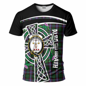 Russell Tartan Crest T-Shirt Scottish Thistle Celtic Cross Alba Gu Brath