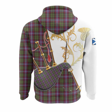 Russell Tartan Family Crest Hoodie Bagpipes with Scottish Thistle
