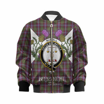 Russell Tartan Family Crest Kid Bomber Jacket Scottish Burns Night Thistle Floral