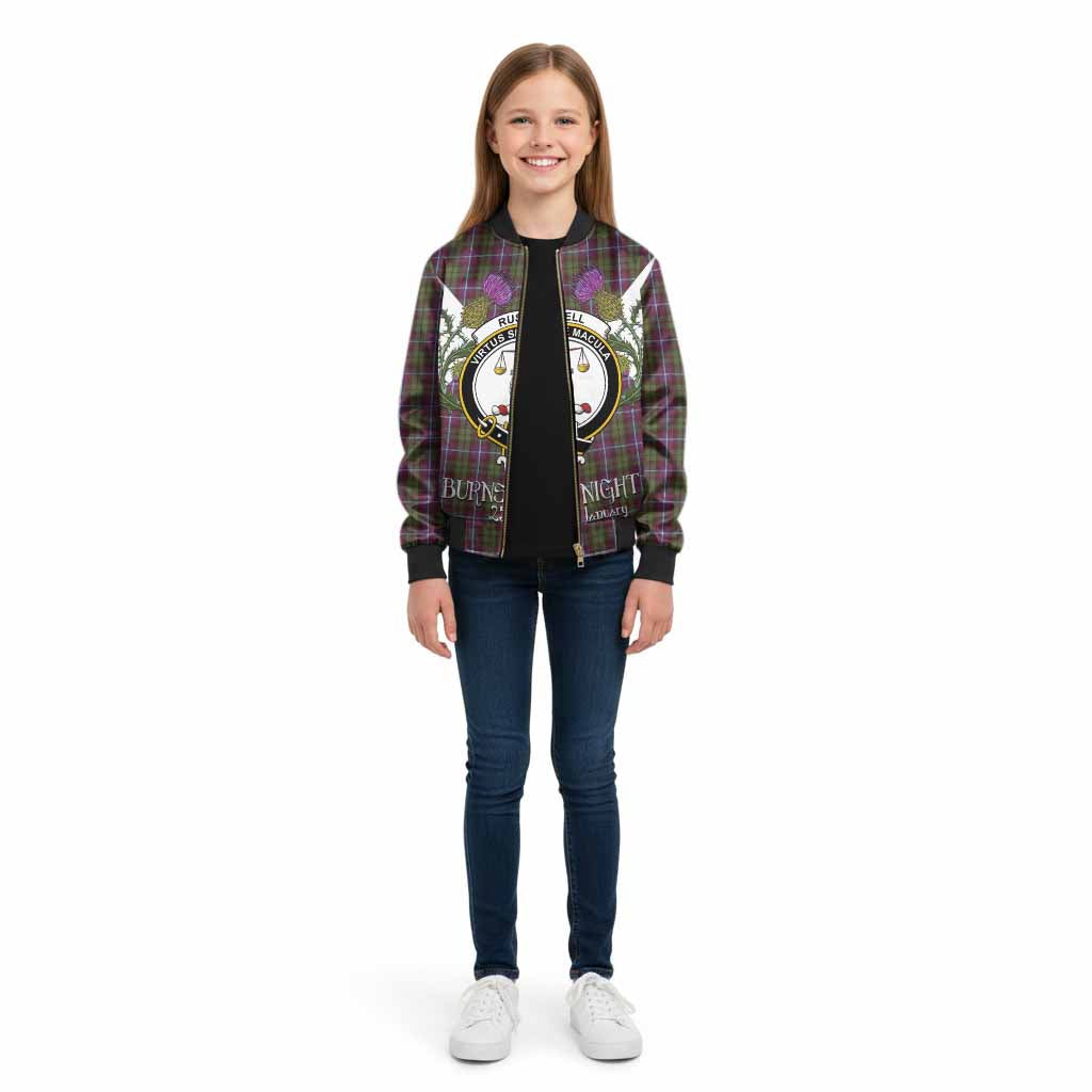 Russell Tartan Family Crest Kid Bomber Jacket Scottish Burns Night Thistle Floral