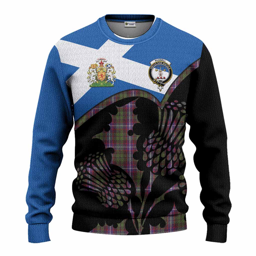 Russell Tartan Family Crest Knitted Sweater Scotland Thistle Floral Flag Style