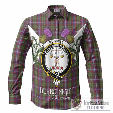 Russell Tartan Family Crest Long Sleeve Button Shirts Scottish Burns Night Thistle Floral