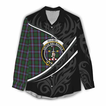 Russell Tartan Family Crest Women Casual Shirt Celtic Scottish Thistle Floral - Tartan Vibes Clothing