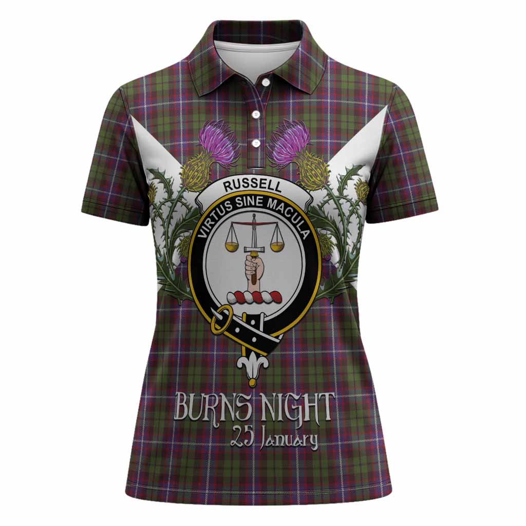 Russell Tartan Family Crest Women Polo Shirt Scottish Burns Night Thistle Floral