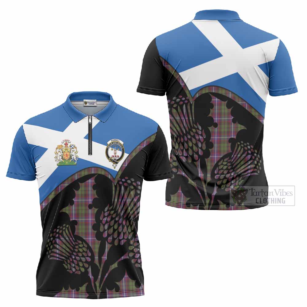 Russell Tartan Family Crest Zipper Polo Shirt Scotland Thistle Floral Flag Style