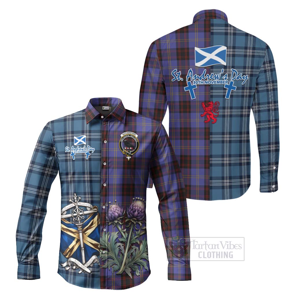 Tartan Vibes Clothing Rutherford Tartan Long Sleeve Button Shirt Happy St. Andrew's Day Half Tartan Style