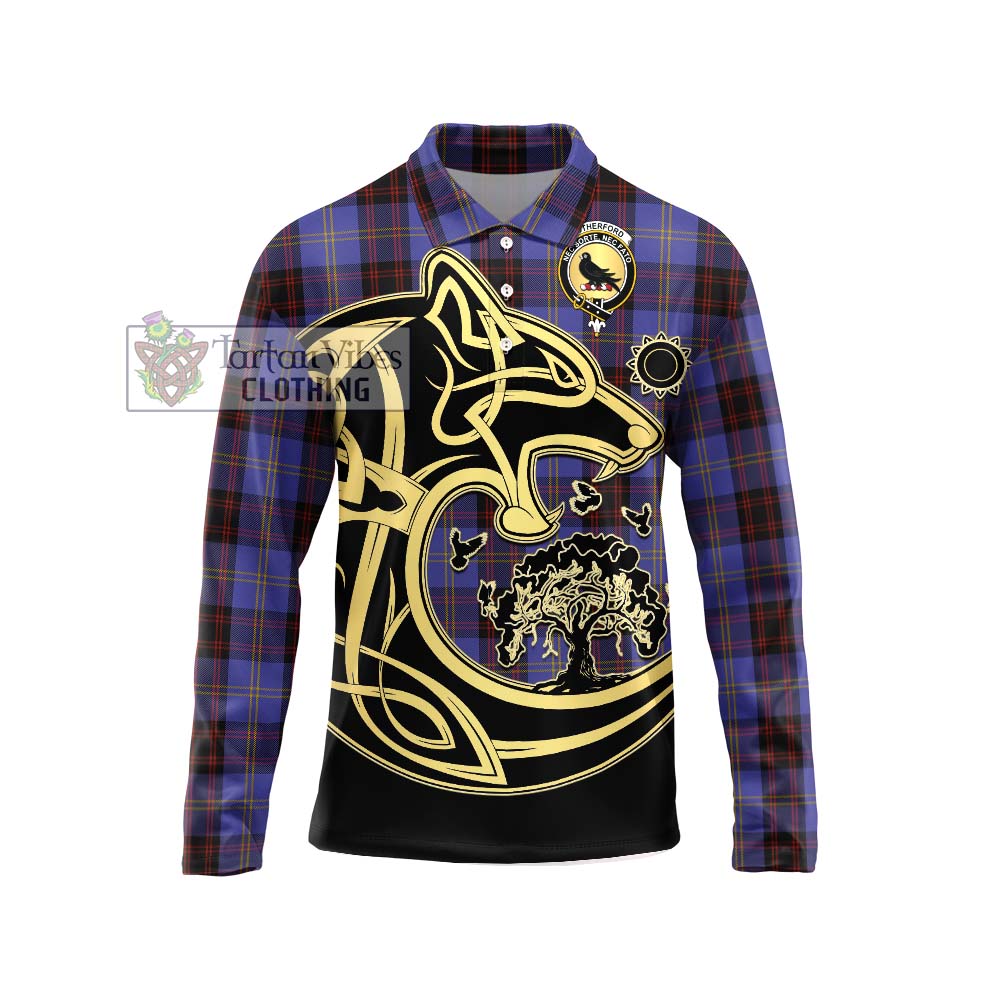 Rutherford Tartan Long Sleeve Polo Shirt with Family Crest Celtic Wolf Style Unisex - Tartanvibesclothing Shop