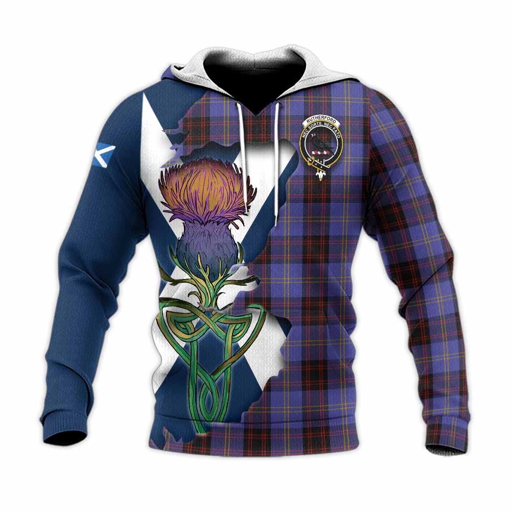 Tartan Vibes Clothing Rutherford Tartan Family Crest Knitted Hoodie Scottish Thistle Celtic Inspired