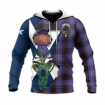 Tartan Vibes Clothing Rutherford Tartan Family Crest Knitted Hoodie Scottish Thistle Celtic Inspired