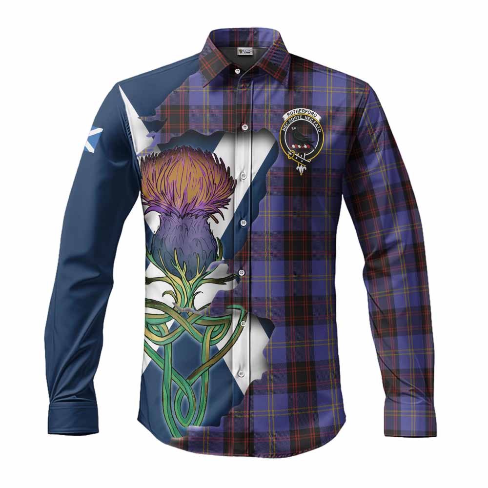 Tartan Vibes Clothing Rutherford Tartan Family Crest Long Sleeve Button Shirt Scottish Thistle Celtic Inspired
