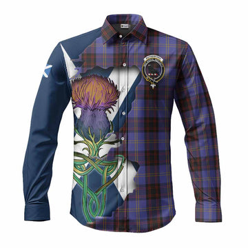 Rutherford Tartan Family Crest Long Sleeve Button Shirt Scottish Thistle Celtic Inspired