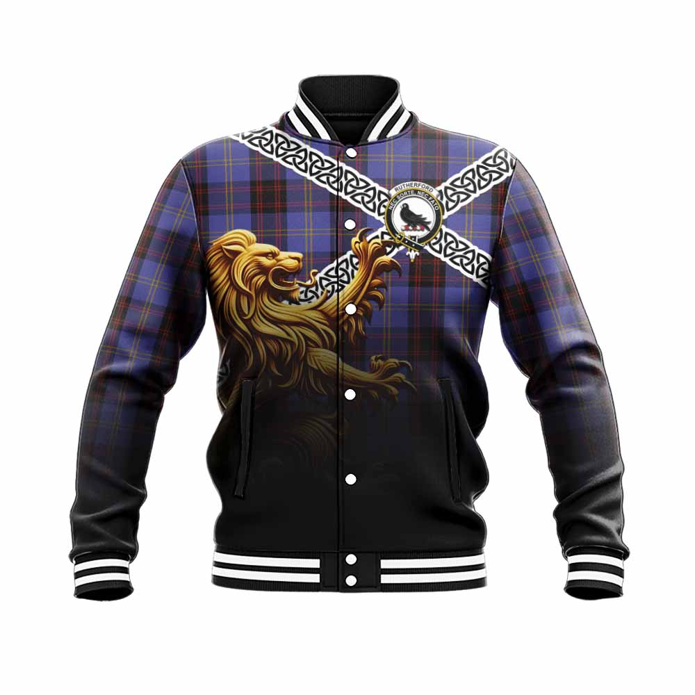 Tartan Vibes Clothing Rutherford Crest Tartan Baseball Jacket with Golden Lion Emblem Celtic Style