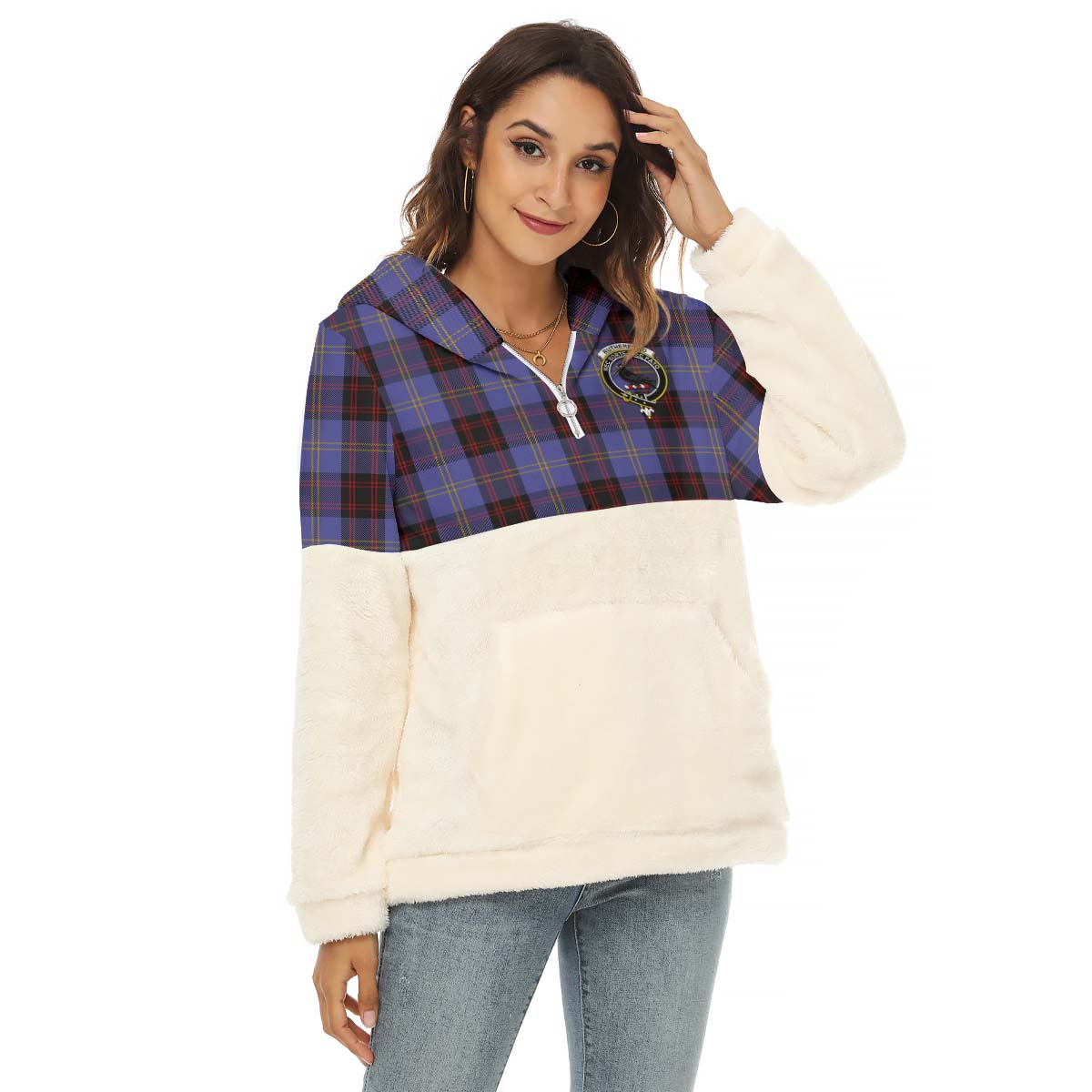 Rutherford Tartan Women's Borg Fleece Hoodie With Half Zip with Family Crest Female - Tartan Vibes Clothing