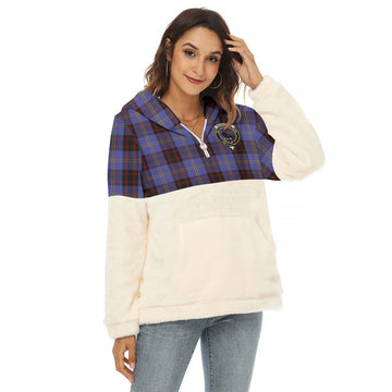 Rutherford Tartan Women's Borg Fleece Hoodie With Half Zip with Family Crest