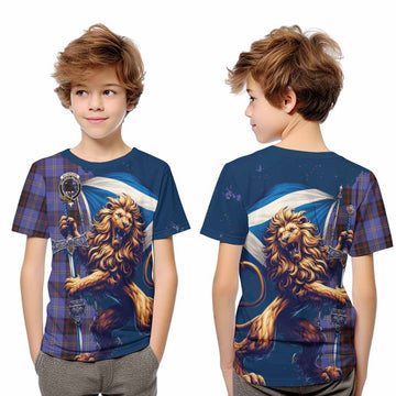 Tartan Vibes Clothing Rutherford Tartan Family Crest Kid T-Shirt with Scottish Majestic Lion