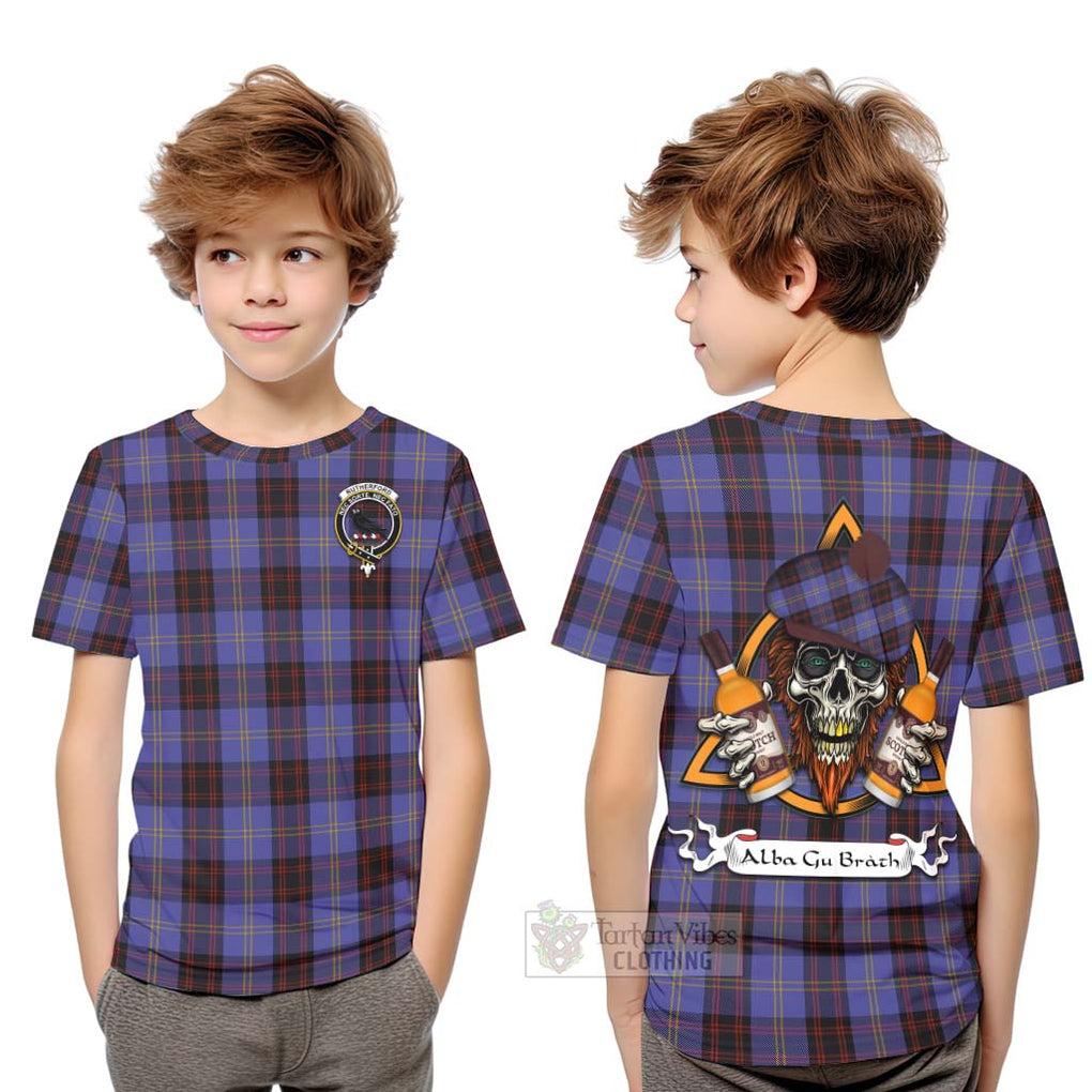 Tartan Vibes Clothing Rutherford Tartan Kid T-Shirt with Family Crest and Bearded Skull Holding Bottles of Whiskey