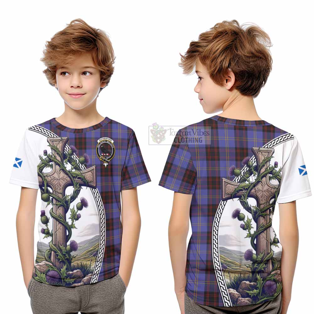 Tartan Vibes Clothing Rutherford Tartan Kid T-Shirt with Family Crest and St. Andrew's Cross Accented by Thistle Vines