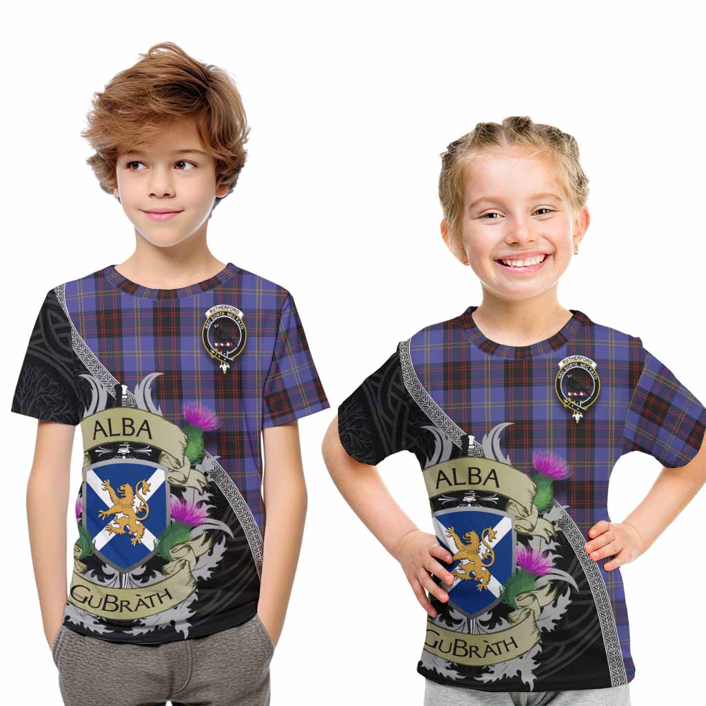 Tartan Vibes Clothing Rutherford Tartan Family Crest Kid T-Shirt Lion Rampant Royal Thistle Shield Celtic Inspired
